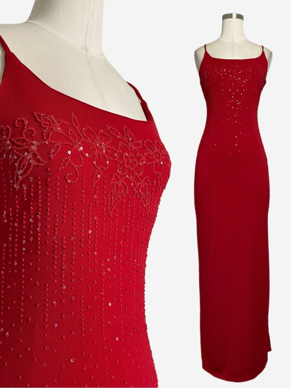 Vintage 90s Per Seption red floral sequin maxi dress formal stretch holiday XS/S